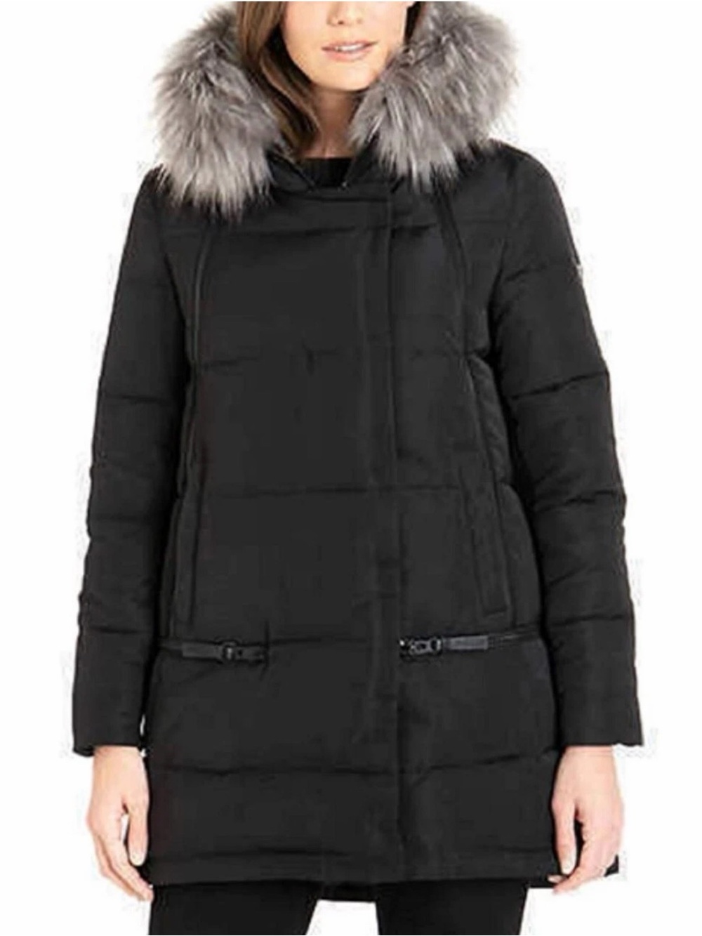 Derek Lam Black Quilted Puffer Coat with Faux Fur Trimmed Removable Hood